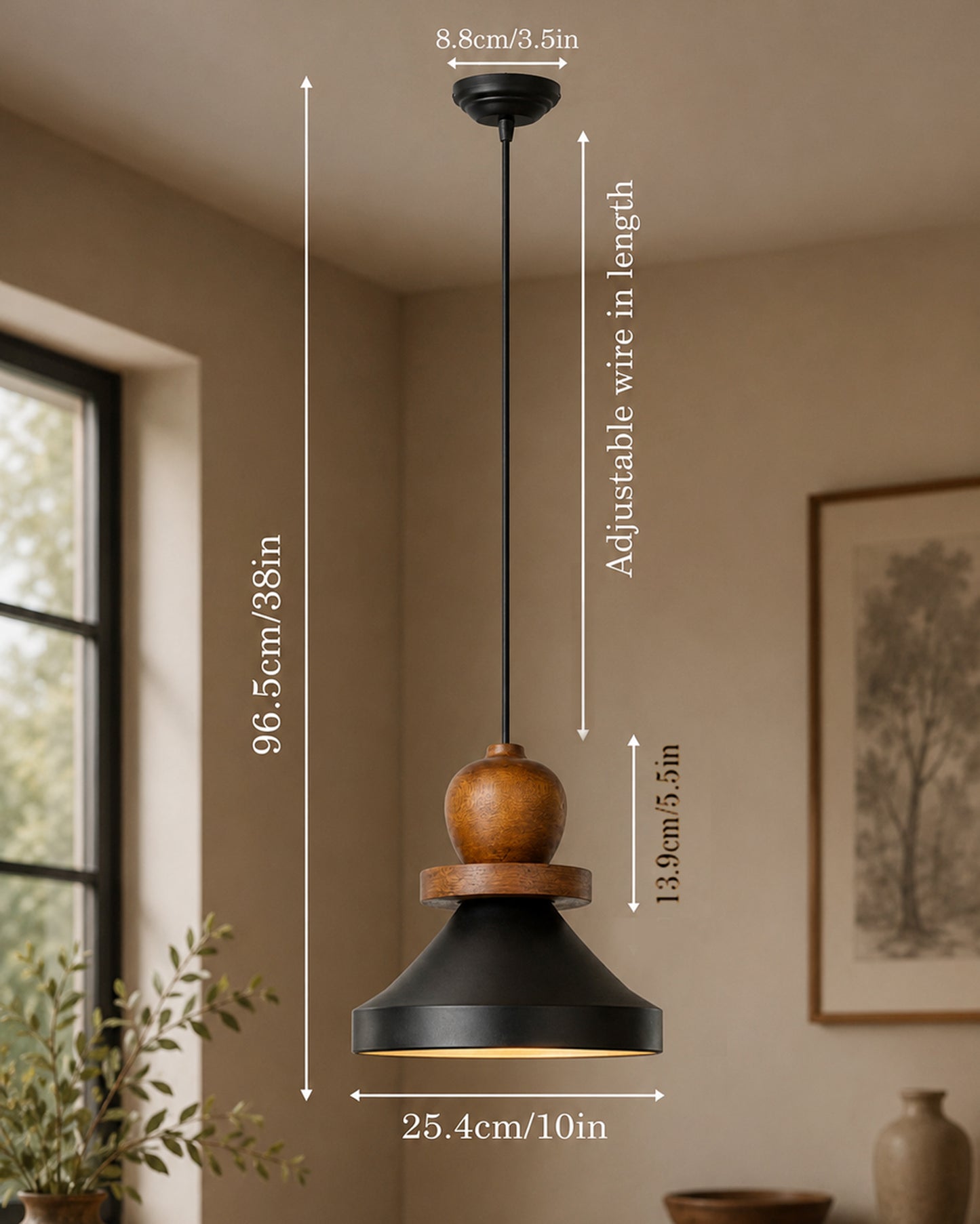 Hive Parker Scandinavian Wooden Pendant Light with Black Metal Shade | Modern Mango Wood Hanging Ceiling Lamp for Kitchen Island, Dining Room, Living Room, Bedroom, Café & Home Decor