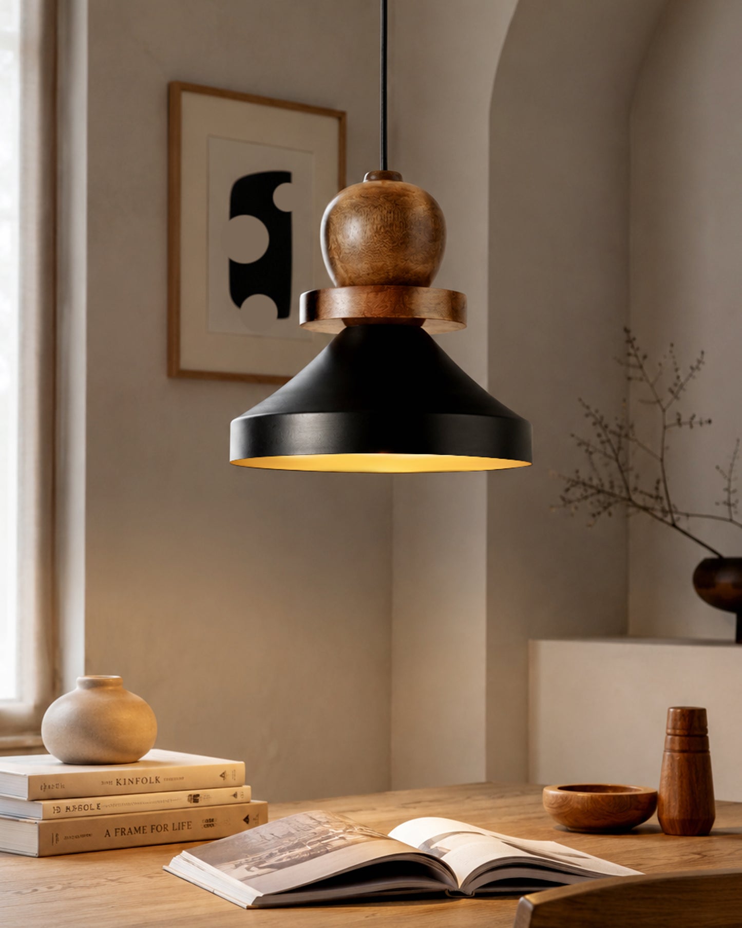 Hive Parker Scandinavian Wooden Pendant Light with Black Metal Shade | Modern Mango Wood Hanging Ceiling Lamp for Kitchen Island, Dining Room, Living Room, Bedroom, Café & Home Decor
