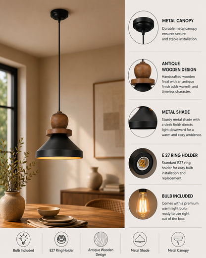 Hive Parker Scandinavian Wooden Pendant Light with Black Metal Shade | Modern Mango Wood Hanging Ceiling Lamp for Kitchen Island, Dining Room, Living Room, Bedroom, Café & Home Decor