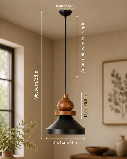 Hive Parker Scandinavian Wooden Pendant Light with Black Metal Shade | Modern Mango Wood Hanging Ceiling Lamp for Kitchen Island, Dining Room, Living Room, Bedroom, Café & Home Decor