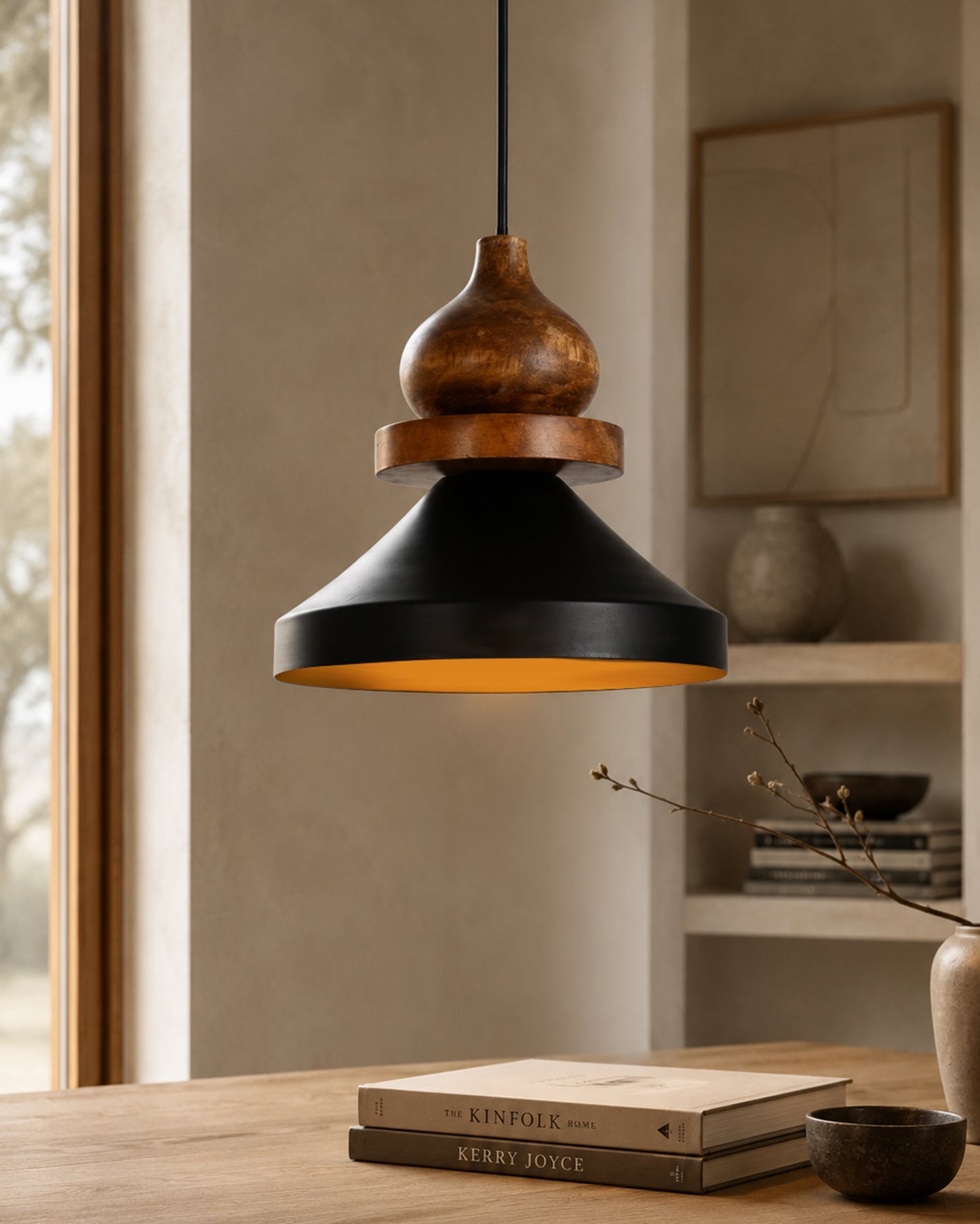 Hive Parker Scandinavian Wooden Pendant Light with Black Metal Shade | Modern Mango Wood Hanging Ceiling Lamp for Kitchen Island, Dining Room, Living Room, Bedroom, Café & Home Decor
