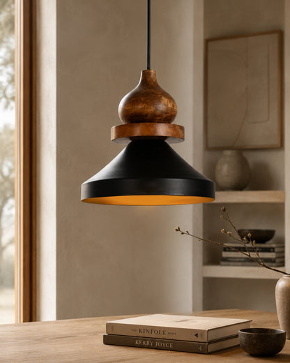 Hive Parker Scandinavian Wooden Pendant Light with Black Metal Shade | Modern Mango Wood Hanging Ceiling Lamp for Kitchen Island, Dining Room, Living Room, Bedroom, Café & Home Decor
