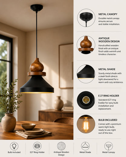 Hive Parker Scandinavian Wooden Pendant Light with Black Metal Shade | Modern Mango Wood Hanging Ceiling Lamp for Kitchen Island, Dining Room, Living Room, Bedroom, Café & Home Decor