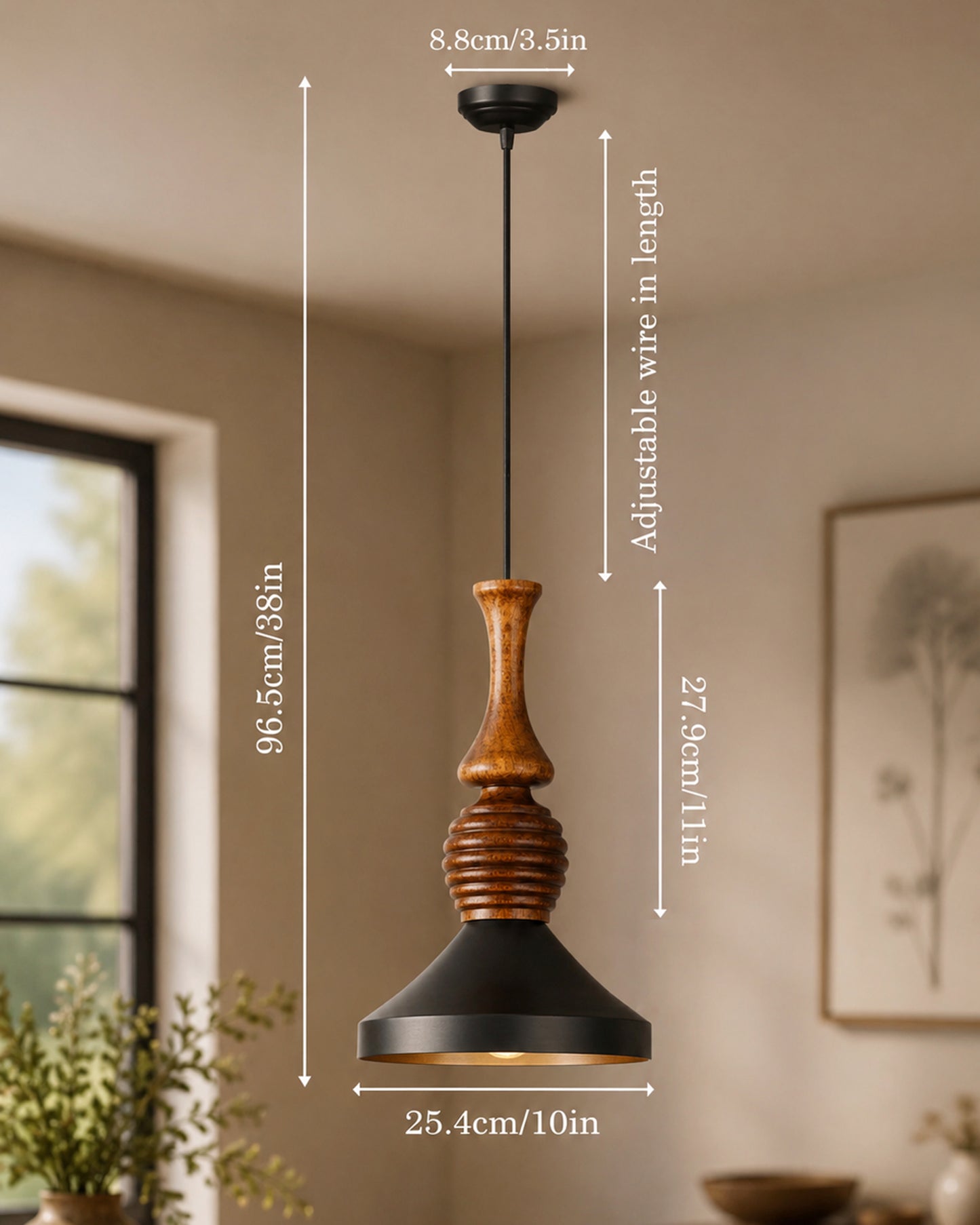 Hive Parker Scandinavian Wooden Pendant Light with Black Metal Shade | Modern Mango Wood Hanging Ceiling Lamp for Kitchen Island, Dining Room, Living Room, Bedroom, Café & Home Decor