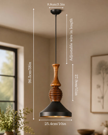 Hive Parker Scandinavian Wooden Pendant Light with Black Metal Shade | Modern Mango Wood Hanging Ceiling Lamp for Kitchen Island, Dining Room, Living Room, Bedroom, Café & Home Decor
