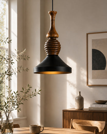 Hive Parker Scandinavian Wooden Pendant Light with Black Metal Shade | Modern Mango Wood Hanging Ceiling Lamp for Kitchen Island, Dining Room, Living Room, Bedroom, Café & Home Decor
