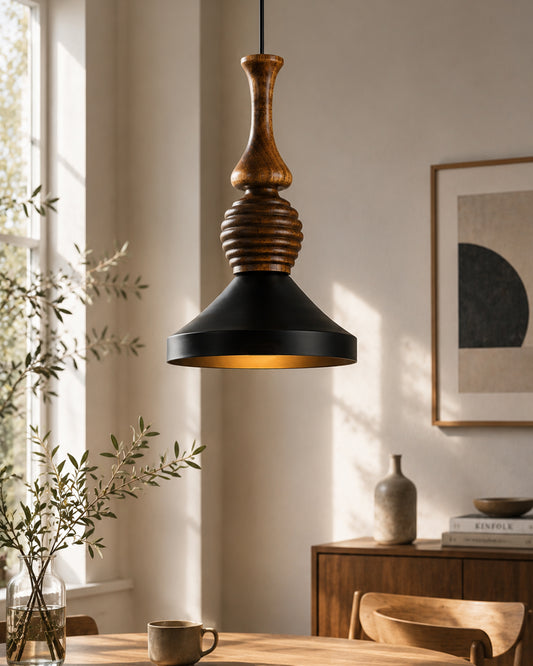 Hive Parker Scandinavian Wooden Pendant Light with Black Metal Shade | Modern Mango Wood Hanging Ceiling Lamp for Kitchen Island, Dining Room, Living Room, Bedroom, Café & Home Decor