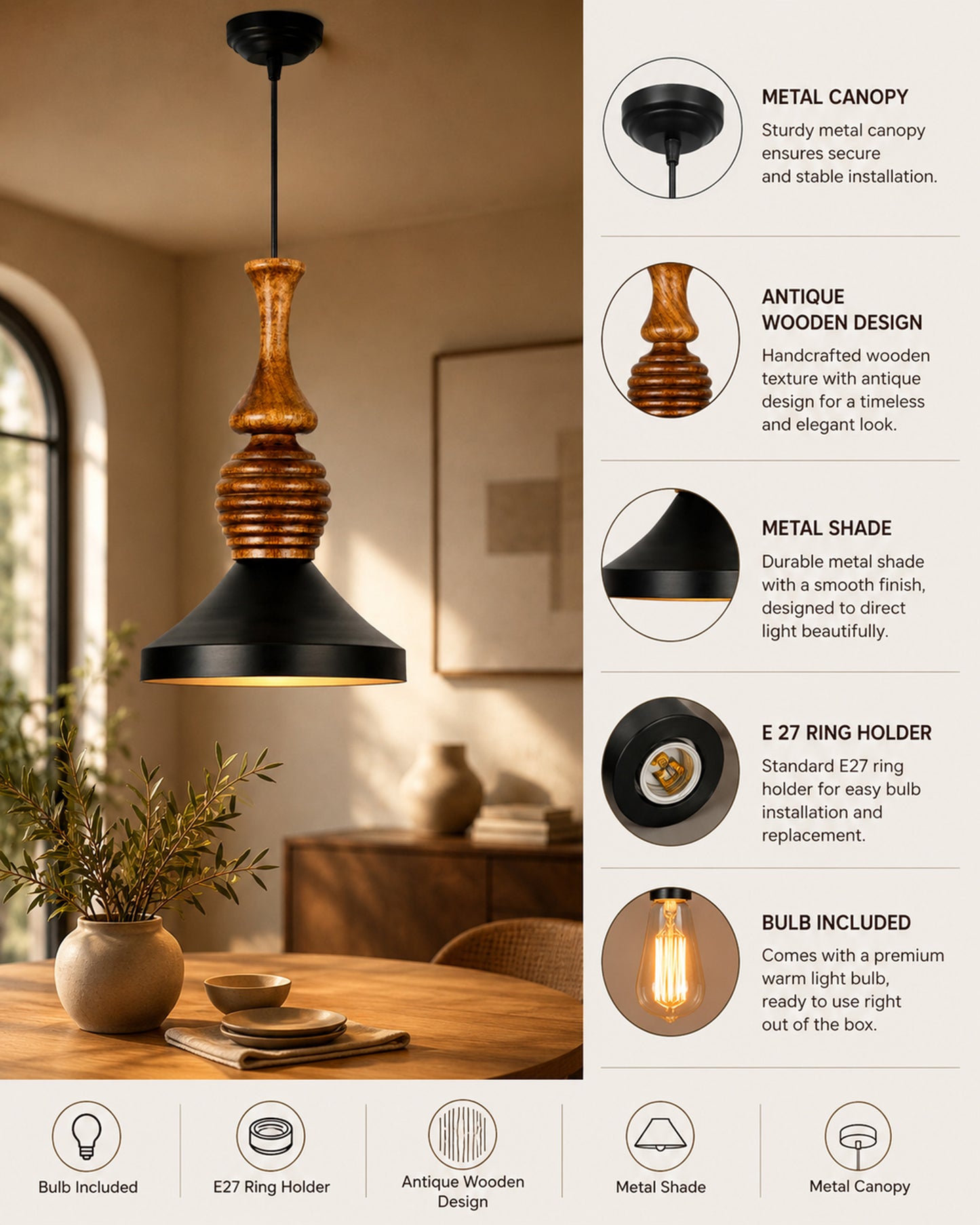Hive Parker Scandinavian Wooden Pendant Light with Black Metal Shade | Modern Mango Wood Hanging Ceiling Lamp for Kitchen Island, Dining Room, Living Room, Bedroom, Café & Home Decor