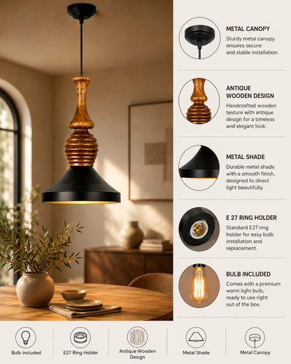 Hive Parker Scandinavian Wooden Pendant Light with Black Metal Shade | Modern Mango Wood Hanging Ceiling Lamp for Kitchen Island, Dining Room, Living Room, Bedroom, Café & Home Decor