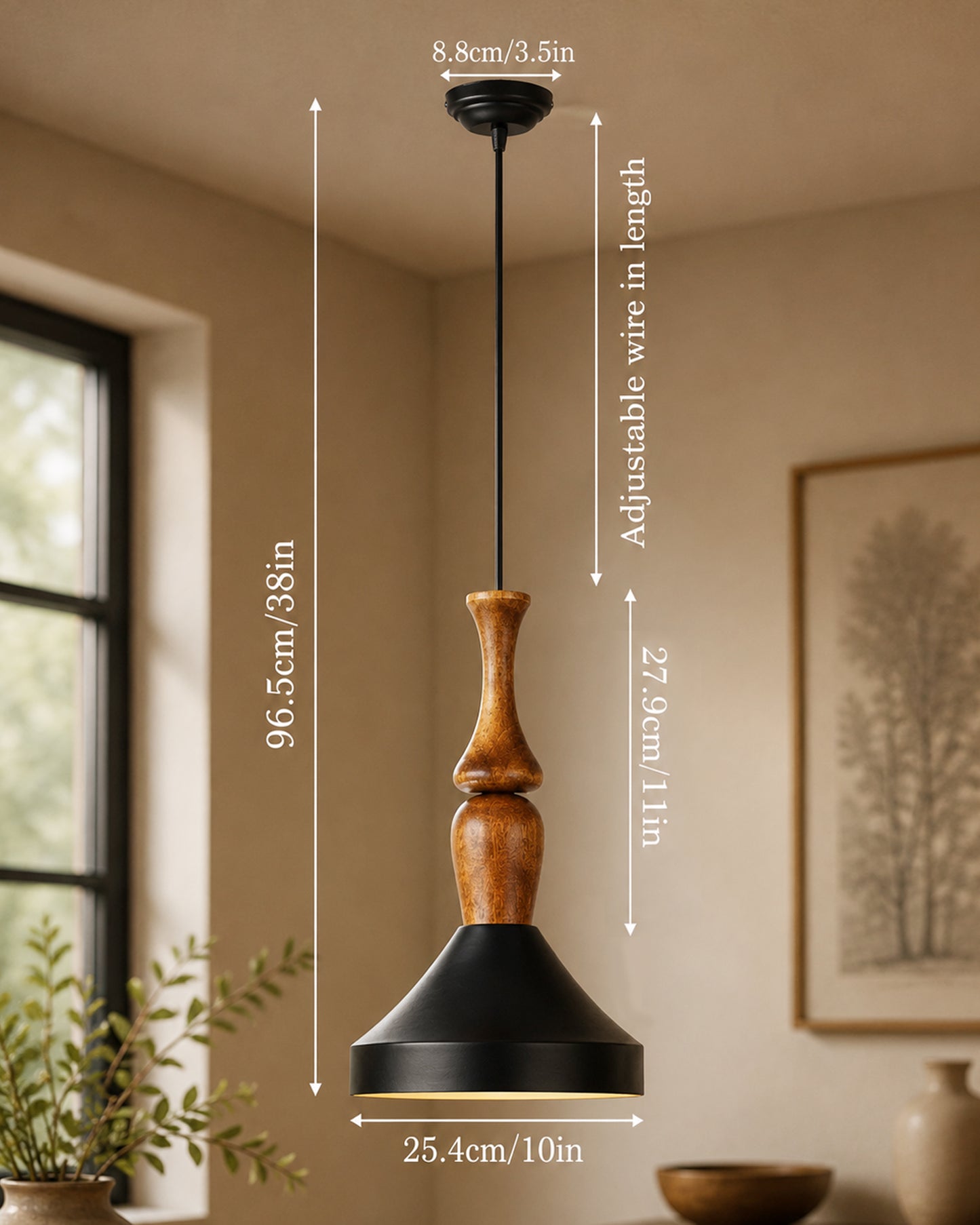 Hive Parker Scandinavian Wooden Pendant Light with Black Metal Shade | Modern Mango Wood Hanging Ceiling Lamp for Kitchen Island, Dining Room, Living Room, Bedroom, Café & Home Decor