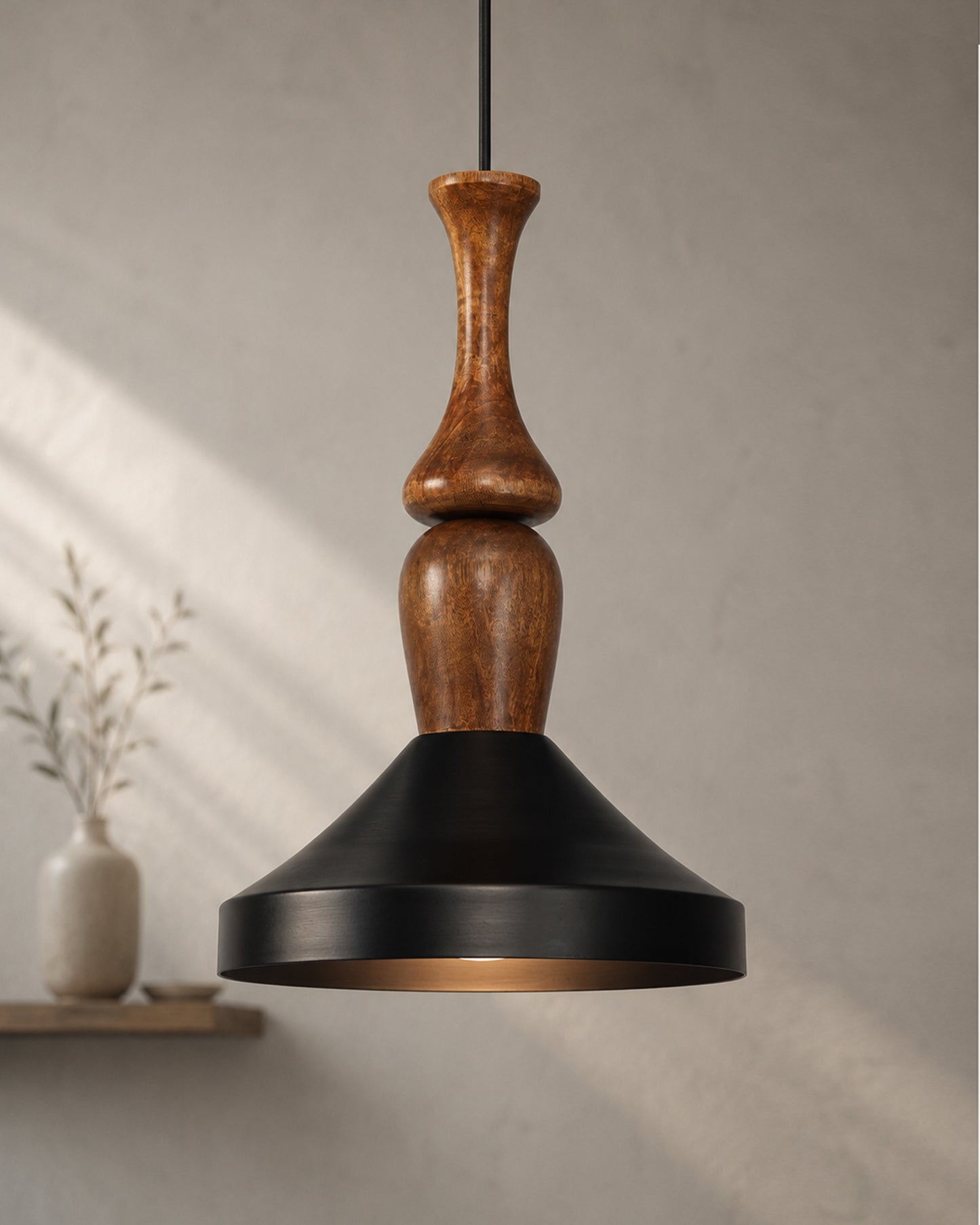Hive Parker Scandinavian Wooden Pendant Light with Black Metal Shade | Modern Mango Wood Hanging Ceiling Lamp for Kitchen Island, Dining Room, Living Room, Bedroom, Café & Home Decor