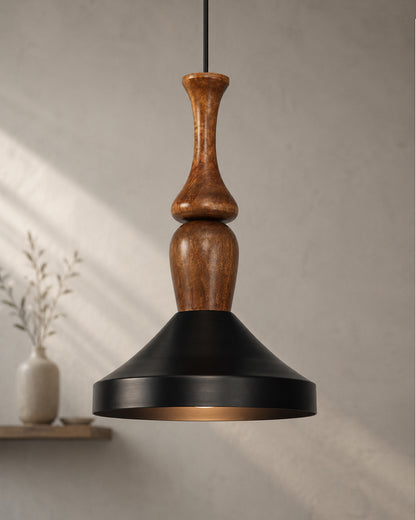 Hive Parker Scandinavian Wooden Pendant Light with Black Metal Shade | Modern Mango Wood Hanging Ceiling Lamp for Kitchen Island, Dining Room, Living Room, Bedroom, Café & Home Decor