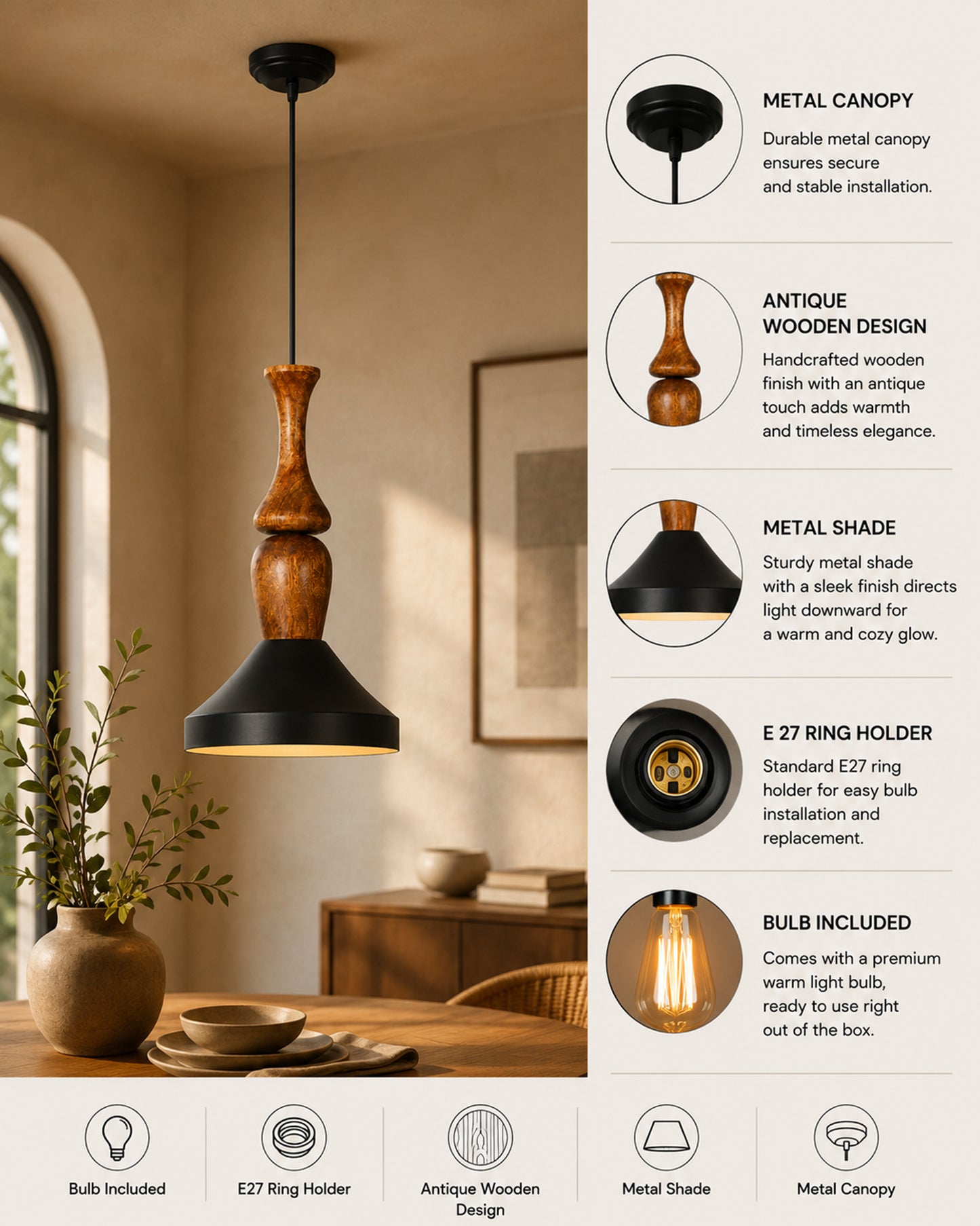 Hive Parker Scandinavian Wooden Pendant Light with Black Metal Shade | Modern Mango Wood Hanging Ceiling Lamp for Kitchen Island, Dining Room, Living Room, Bedroom, Café & Home Decor