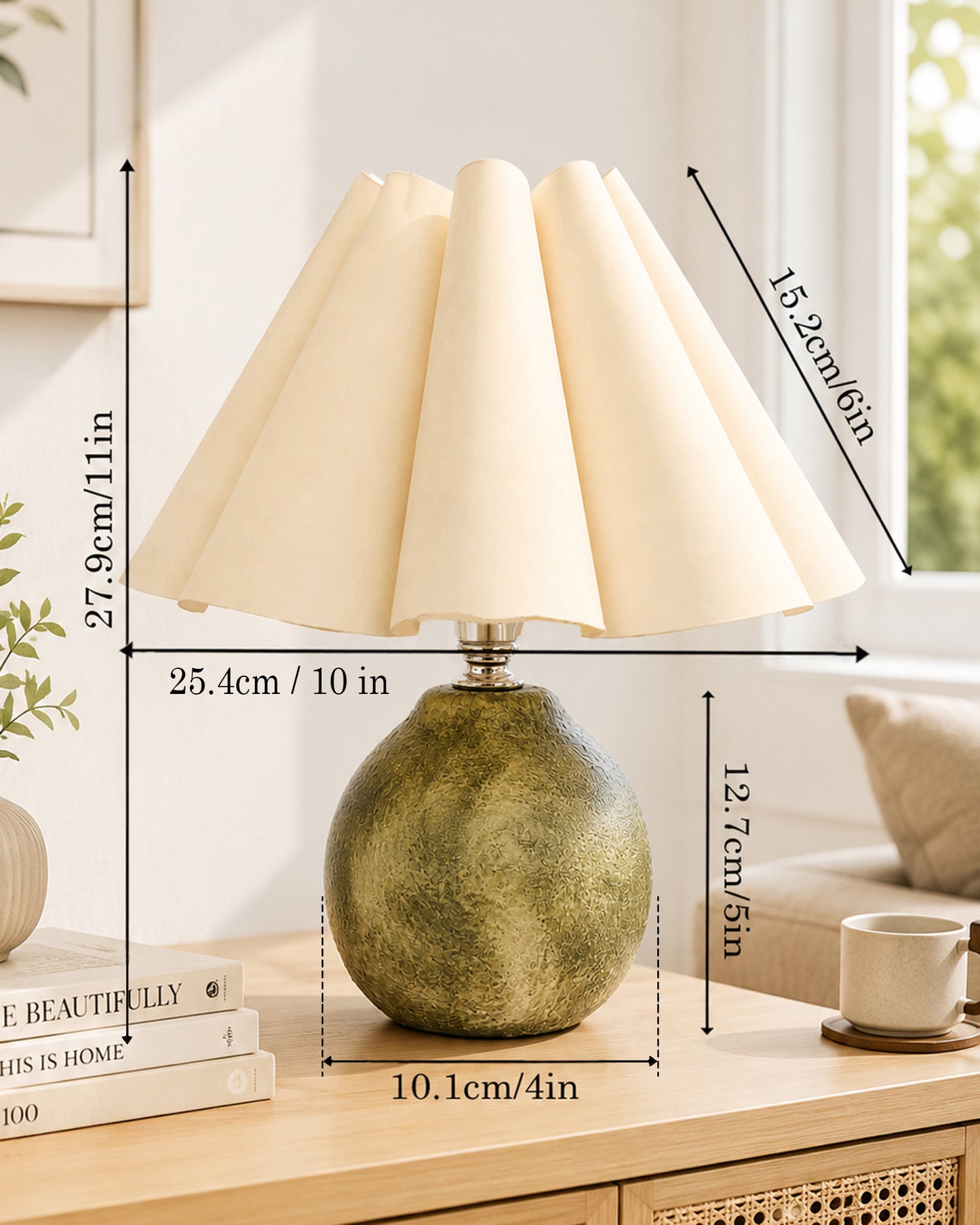 Homesake® Artisan Distressed Green Ceramic Table Lamp with Pleated Khadi Fabric Shade | Decorative Bedside Lamp for Bedroom, Living Room, Study | E27 Home Décor Light