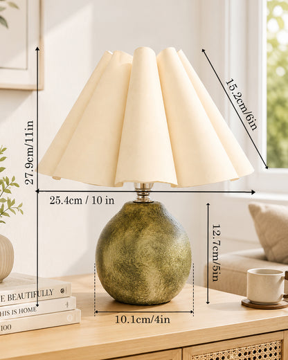 Homesake® Artisan Distressed Green Ceramic Table Lamp with Pleated Khadi Fabric Shade | Decorative Bedside Lamp for Bedroom, Living Room, Study | E27 Home Décor Light