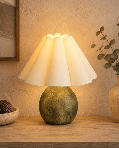Homesake® Artisan Distressed Green Ceramic Table Lamp with Pleated Khadi Fabric Shade | Decorative Bedside Lamp for Bedroom, Living Room, Study | E27 Home Décor Light