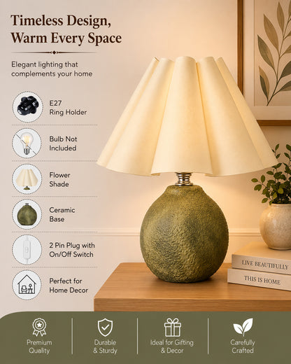 Homesake® Artisan Distressed Green Ceramic Table Lamp with Pleated Khadi Fabric Shade | Decorative Bedside Lamp for Bedroom, Living Room, Study | E27 Home Décor Light