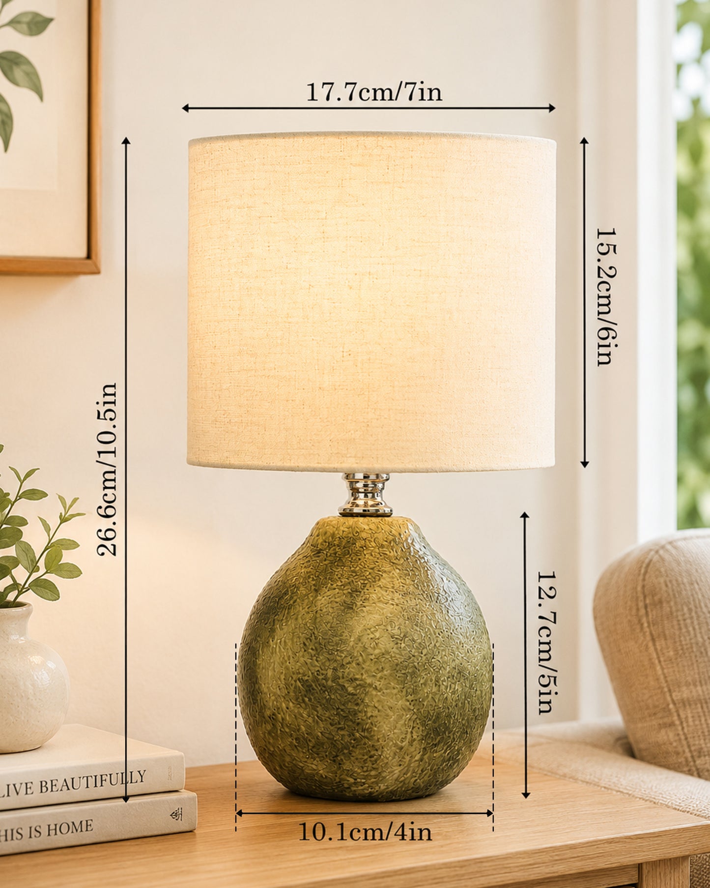 Homesake® Artisan Distressed Green Ceramic Table Lamp with Pleated Khadi Fabric Shade | Decorative Bedside Lamp for Bedroom, Living Room, Study | E27 Home Décor Light