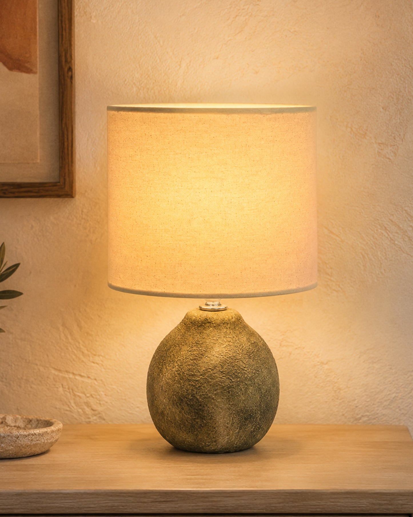 Homesake® Artisan Distressed Green Ceramic Table Lamp with Pleated Khadi Fabric Shade | Decorative Bedside Lamp for Bedroom, Living Room, Study | E27 Home Décor Light