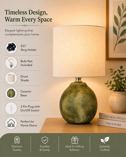 Homesake® Artisan Distressed Green Ceramic Table Lamp with Pleated Khadi Fabric Shade | Decorative Bedside Lamp for Bedroom, Living Room, Study | E27 Home Décor Light