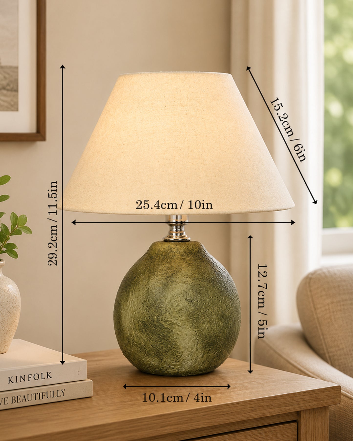 Homesake® Artisan Distressed Green Ceramic Table Lamp with Pleated Khadi Fabric Shade | Decorative Bedside Lamp for Bedroom, Living Room, Study | E27 Home Décor Light