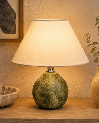 Homesake® Artisan Distressed Green Ceramic Table Lamp with Pleated Khadi Fabric Shade | Decorative Bedside Lamp for Bedroom, Living Room, Study | E27 Home Décor Light