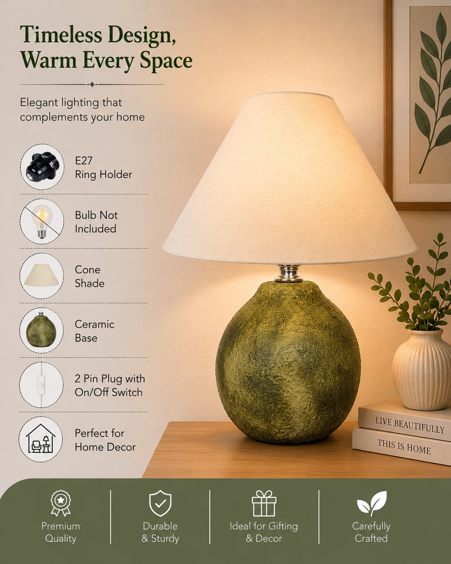Homesake® Artisan Distressed Green Ceramic Table Lamp with Pleated Khadi Fabric Shade | Decorative Bedside Lamp for Bedroom, Living Room, Study | E27 Home Décor Light