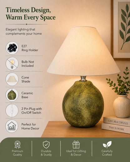 Homesake® Artisan Distressed Green Ceramic Table Lamp with Pleated Khadi Fabric Shade | Decorative Bedside Lamp for Bedroom, Living Room, Study | E27 Home Décor Light