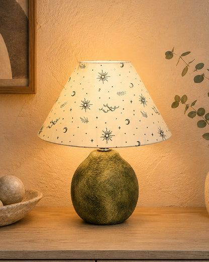 Homesake® Artisan Distressed Green Ceramic Table Lamp with Pleated Khadi Fabric Shade | Decorative Bedside Lamp for Bedroom, Living Room, Study | E27 Home Décor Light