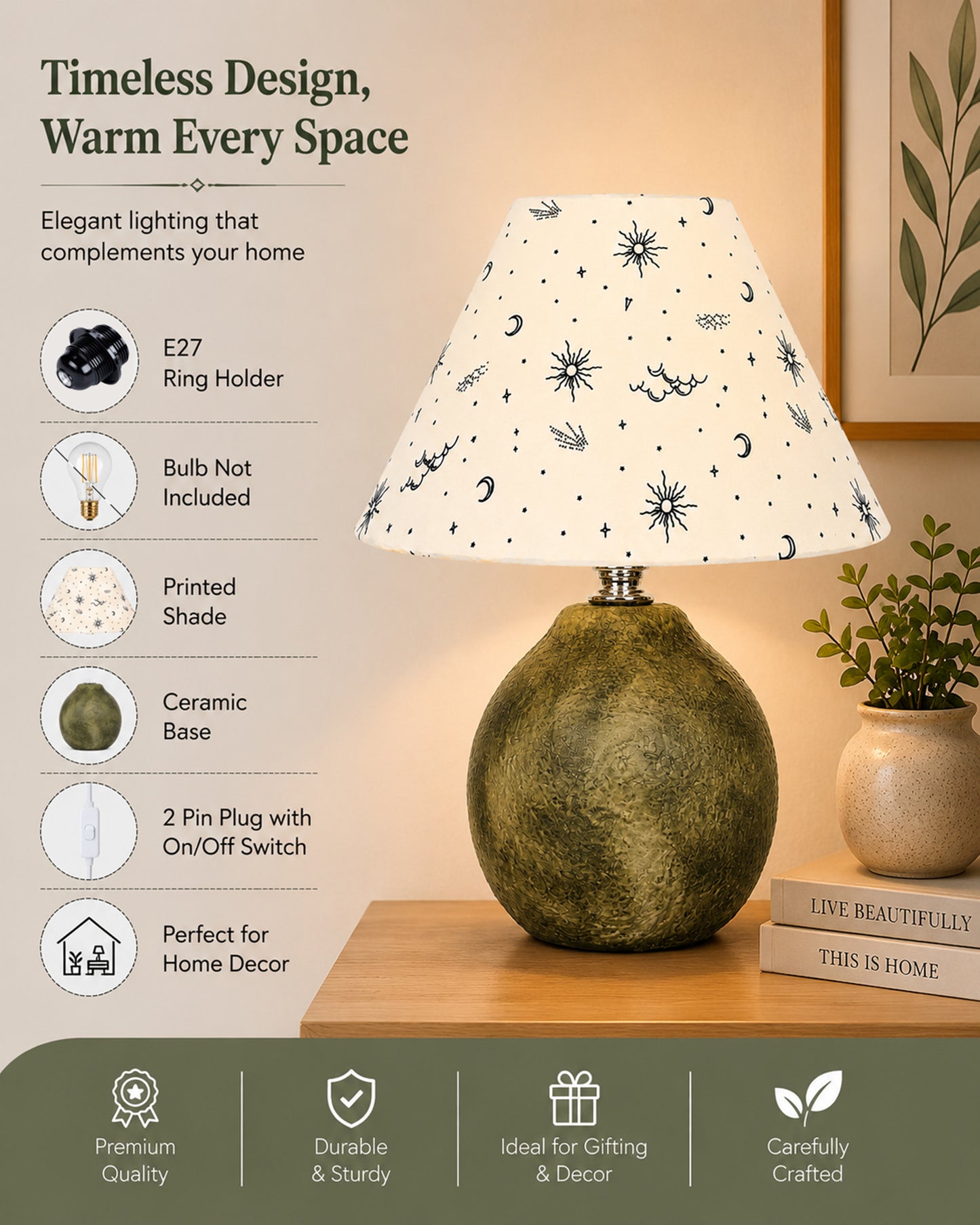 Homesake® Artisan Distressed Green Ceramic Table Lamp with Pleated Khadi Fabric Shade | Decorative Bedside Lamp for Bedroom, Living Room, Study | E27 Home Décor Light