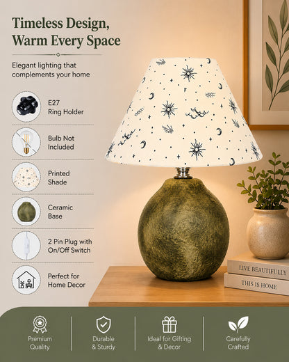 Homesake® Artisan Distressed Green Ceramic Table Lamp with Pleated Khadi Fabric Shade | Decorative Bedside Lamp for Bedroom, Living Room, Study | E27 Home Décor Light