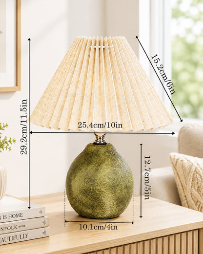 Homesake® Artisan Distressed Green Ceramic Table Lamp with Pleated Khadi Fabric Shade | Decorative Bedside Lamp for Bedroom, Living Room, Study | E27 Home Décor Light