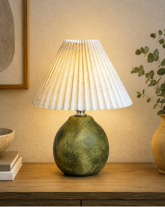 Homesake® Artisan Distressed Green Ceramic Table Lamp with Pleated Khadi Fabric Shade | Decorative Bedside Lamp for Bedroom, Living Room, Study | E27 Home Décor Light