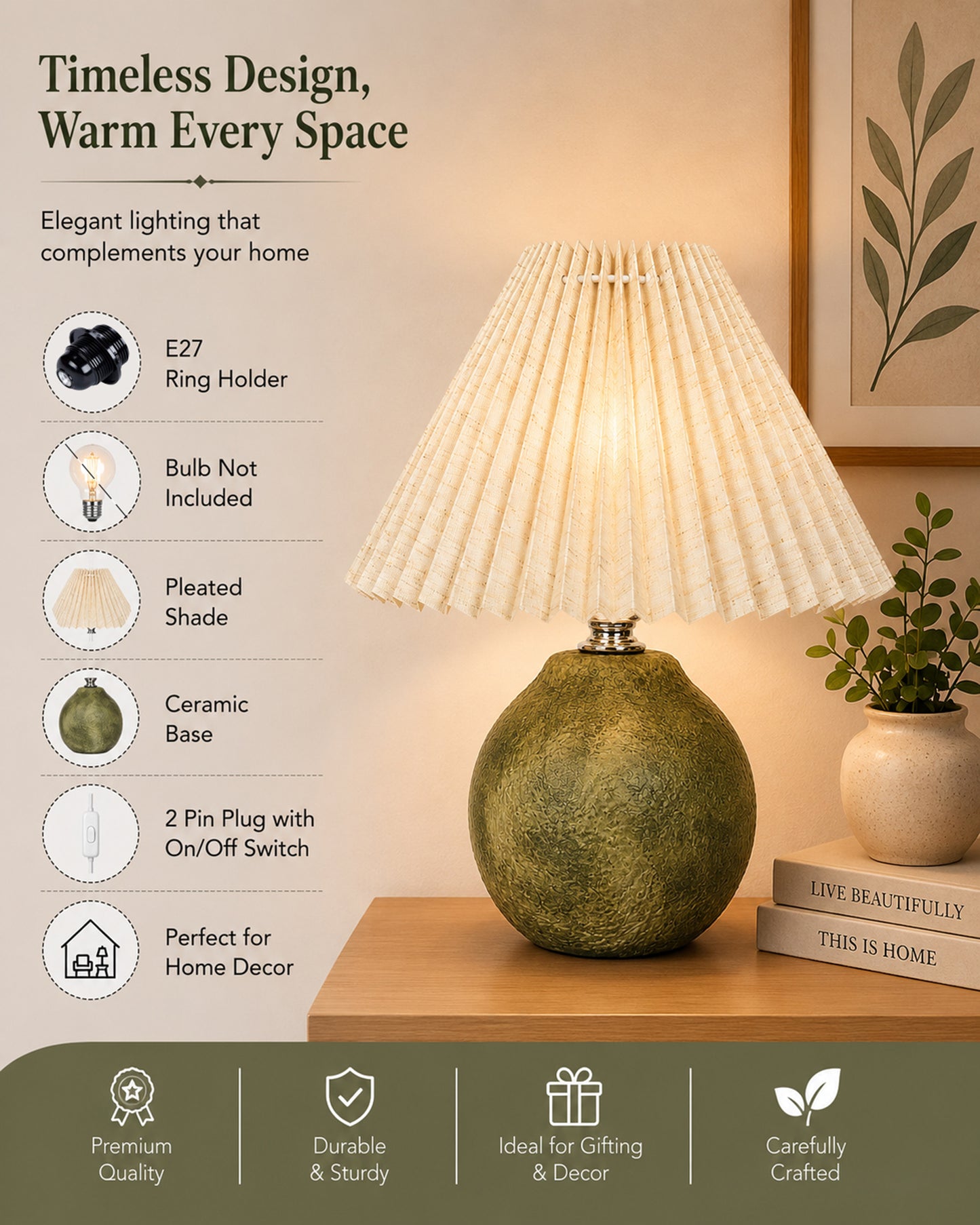 Homesake® Artisan Distressed Green Ceramic Table Lamp with Pleated Khadi Fabric Shade | Decorative Bedside Lamp for Bedroom, Living Room, Study | E27 Home Décor Light