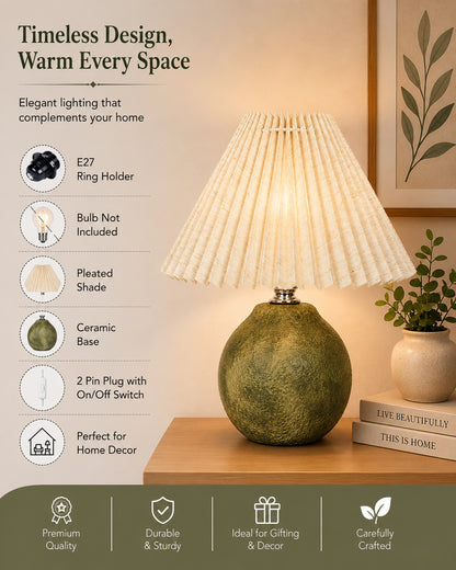 Homesake® Artisan Distressed Green Ceramic Table Lamp with Pleated Khadi Fabric Shade | Decorative Bedside Lamp for Bedroom, Living Room, Study | E27 Home Décor Light