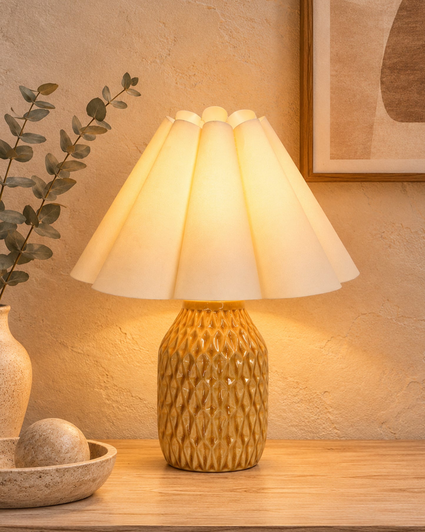 Homesake® Artisan Textured Ceramic Table Lamp with Fabric Shade, Brown Glossy Glazed Bedside Lamp, E27 Decorative Table Light for Bedroom, Living Room, Study, Home & Office