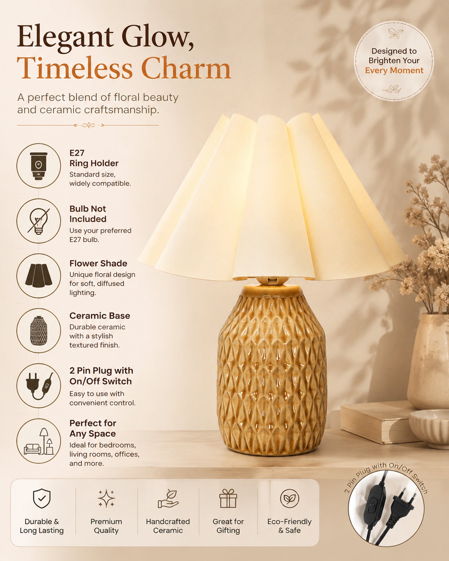 Homesake® Artisan Textured Ceramic Table Lamp with Fabric Shade, Brown Glossy Glazed Bedside Lamp, E27 Decorative Table Light for Bedroom, Living Room, Study, Home & Office