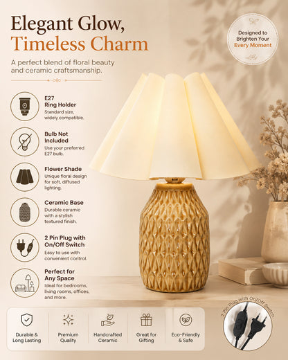 Homesake® Artisan Textured Ceramic Table Lamp with Fabric Shade, Brown Glossy Glazed Bedside Lamp, E27 Decorative Table Light for Bedroom, Living Room, Study, Home & Office