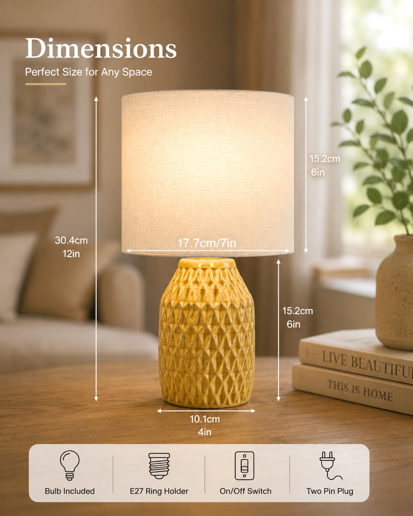 Homesake® Artisan Textured Ceramic Table Lamp with Fabric Shade, Brown Glossy Glazed Bedside Lamp, E27 Decorative Table Light for Bedroom, Living Room, Study, Home & Office