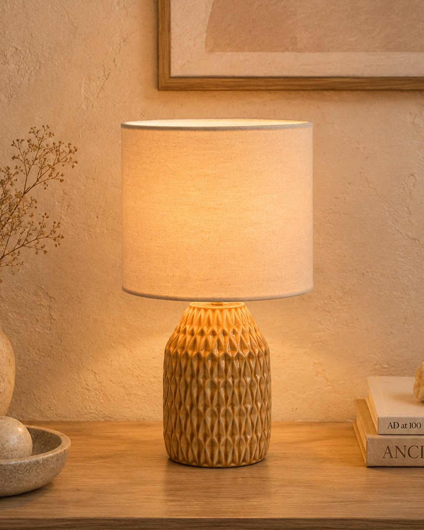 Homesake® Artisan Textured Ceramic Table Lamp with Fabric Shade, Brown Glossy Glazed Bedside Lamp, E27 Decorative Table Light for Bedroom, Living Room, Study, Home & Office
