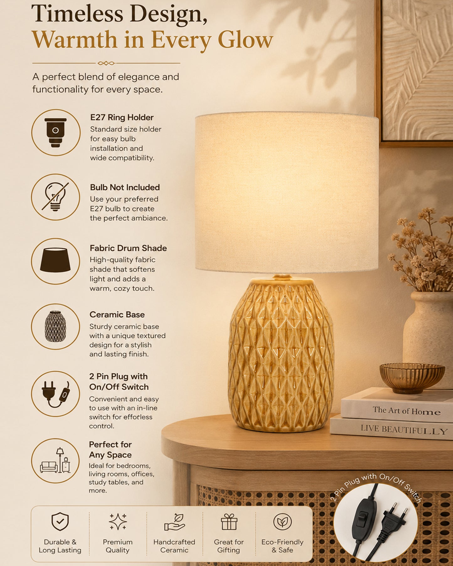 Homesake® Artisan Textured Ceramic Table Lamp with Fabric Shade, Brown Glossy Glazed Bedside Lamp, E27 Decorative Table Light for Bedroom, Living Room, Study, Home & Office