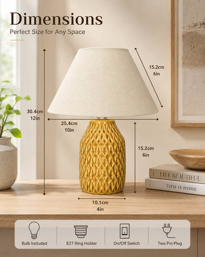Homesake® Artisan Textured Ceramic Table Lamp with Fabric Shade, Brown Glossy Glazed Bedside Lamp, E27 Decorative Table Light for Bedroom, Living Room, Study, Home & Office