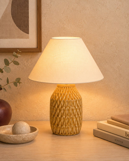 Homesake® Artisan Textured Ceramic Table Lamp with Fabric Shade, Brown Glossy Glazed Bedside Lamp, E27 Decorative Table Light for Bedroom, Living Room, Study, Home & Office