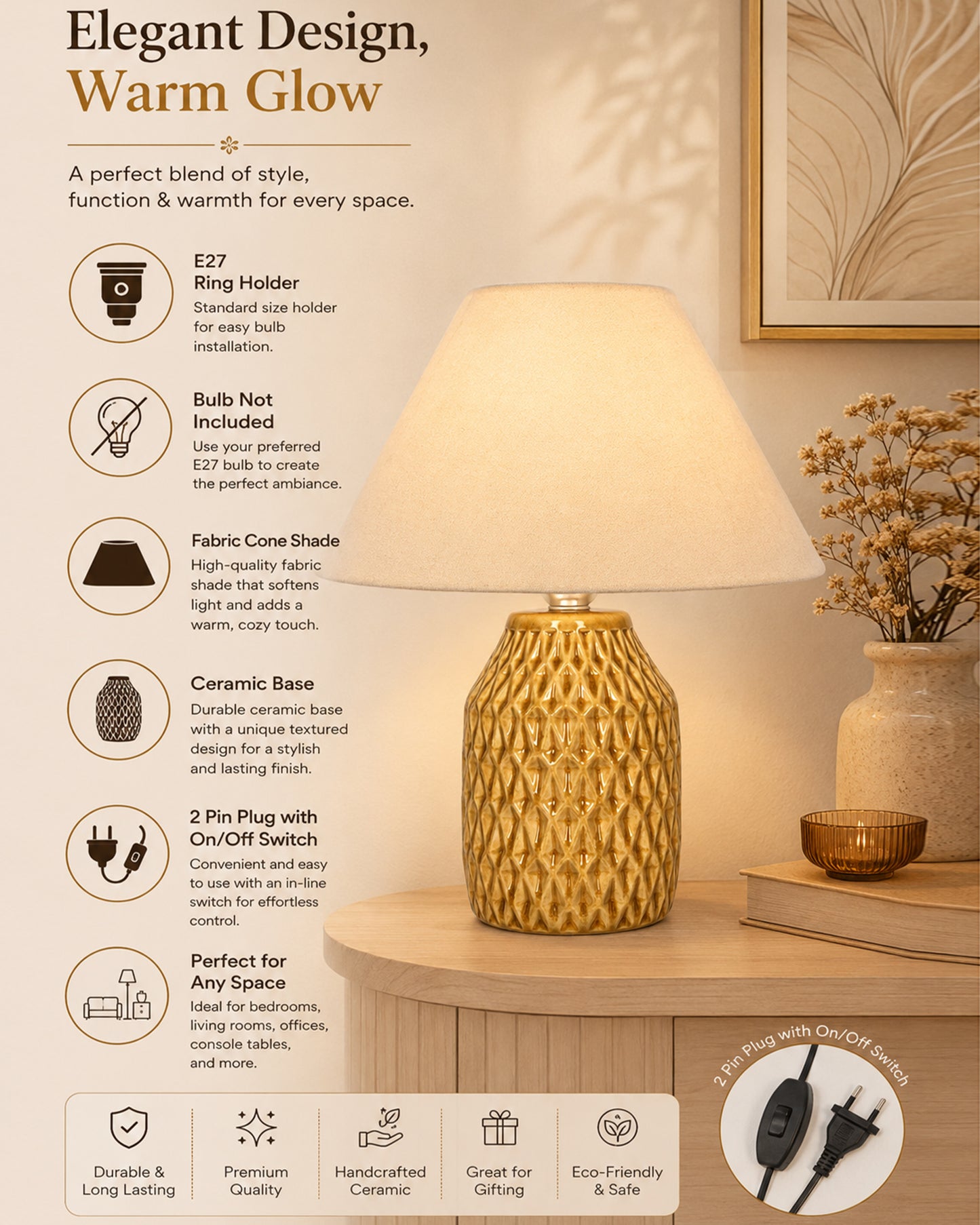 Homesake® Artisan Textured Ceramic Table Lamp with Fabric Shade, Brown Glossy Glazed Bedside Lamp, E27 Decorative Table Light for Bedroom, Living Room, Study, Home & Office