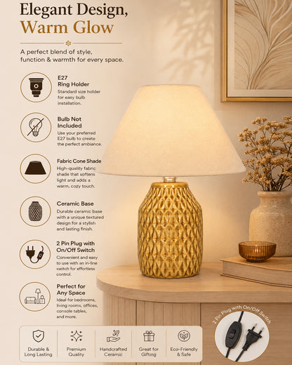 Homesake® Artisan Textured Ceramic Table Lamp with Fabric Shade, Brown Glossy Glazed Bedside Lamp, E27 Decorative Table Light for Bedroom, Living Room, Study, Home & Office