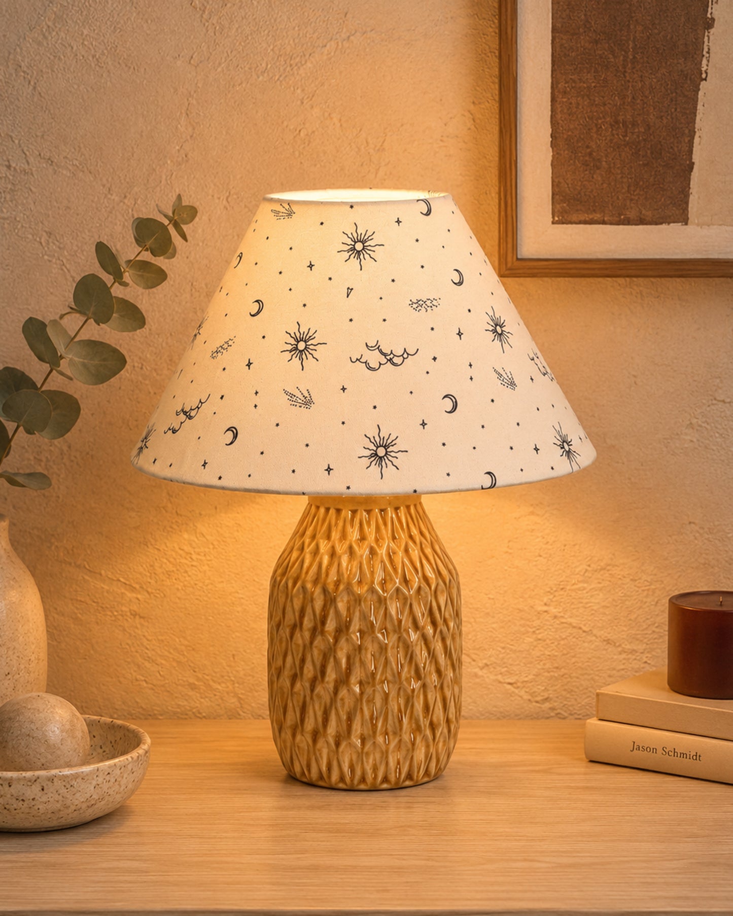 Homesake® Artisan Textured Ceramic Table Lamp with Fabric Shade, Brown Glossy Glazed Bedside Lamp, E27 Decorative Table Light for Bedroom, Living Room, Study, Home & Office
