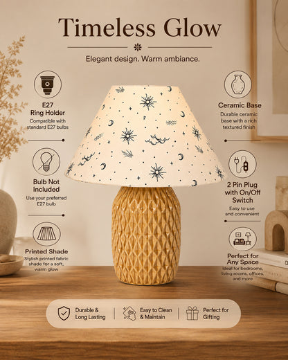 Homesake® Artisan Textured Ceramic Table Lamp with Fabric Shade, Brown Glossy Glazed Bedside Lamp, E27 Decorative Table Light for Bedroom, Living Room, Study, Home & Office