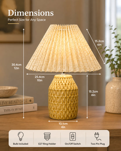 Homesake® Artisan Textured Ceramic Table Lamp with Fabric Shade, Brown Glossy Glazed Bedside Lamp, E27 Decorative Table Light for Bedroom, Living Room, Study, Home & Office