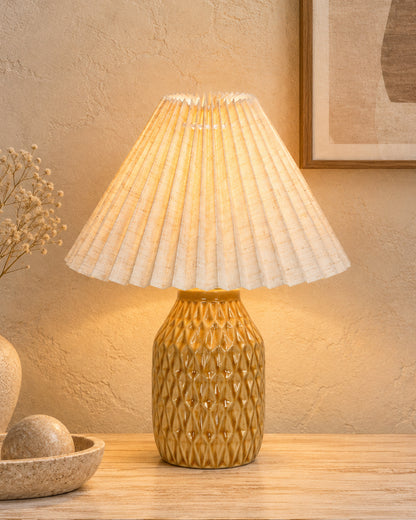 Homesake® Artisan Textured Ceramic Table Lamp with Fabric Shade, Brown Glossy Glazed Bedside Lamp, E27 Decorative Table Light for Bedroom, Living Room, Study, Home & Office