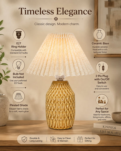 Homesake® Artisan Textured Ceramic Table Lamp with Fabric Shade, Brown Glossy Glazed Bedside Lamp, E27 Decorative Table Light for Bedroom, Living Room, Study, Home & Office